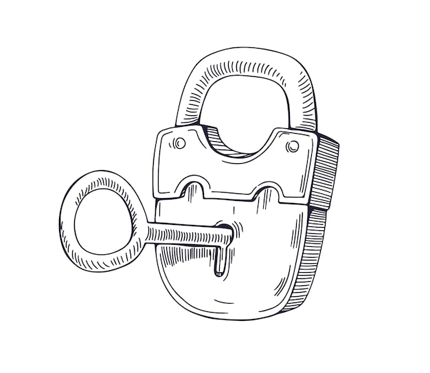 Vettore chiave all'interno del buco della serratura dei lucchetti, blocco e sblocco. disegno inciso delineato in stile vintage retrò. illustrazione vettoriale disegnata a mano dettagliata sagomata, schizzo isolato su sfondo bianco