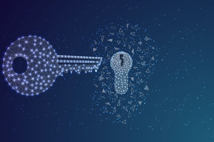 Vector key and keyhole in the night sky in the form of wireframe.