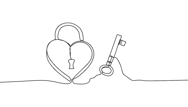 Key lock in the continuous one line drawing of a heart