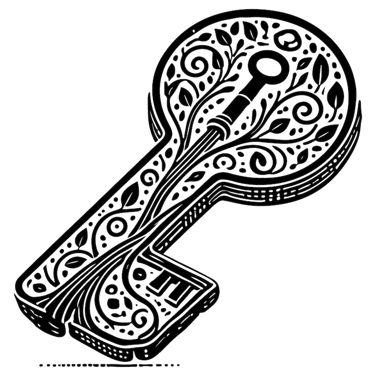 Vector key in a lock line art silhouette white backgroun black and white