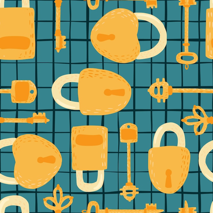 Vector key and lock seamless pattern on lines background.