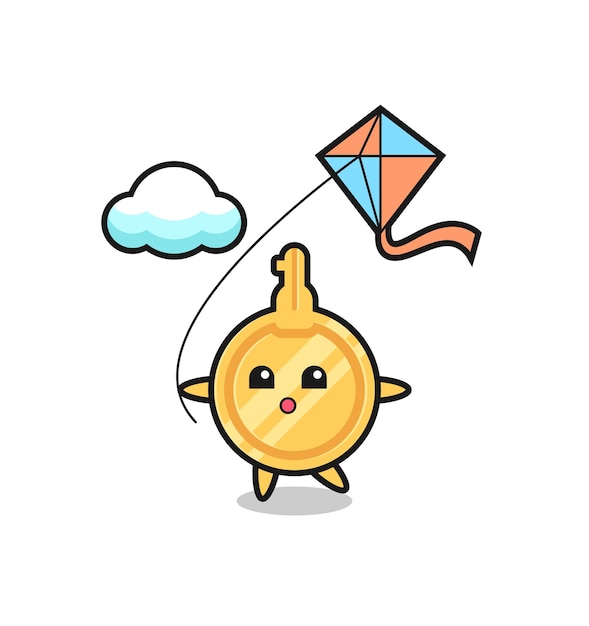 Key mascot illustration is playing kite , cute design