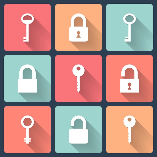 Key and padlock flat icons set. vector illustration