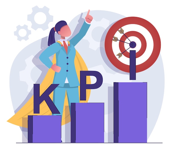 핵심 성과 지표. 사업가 여성은 KPI 차트 옆에 있는 목표를 위해 노력합니다.