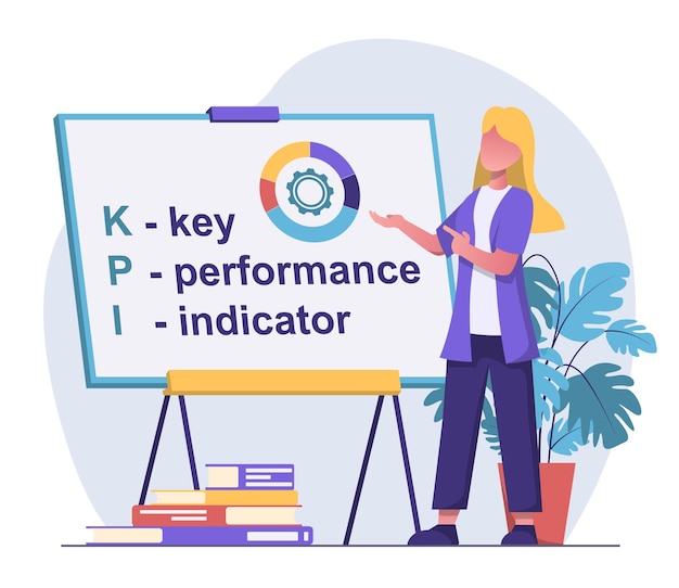 Key performance indicators.
The girl speaker explains the meaning of the word KPI on the board