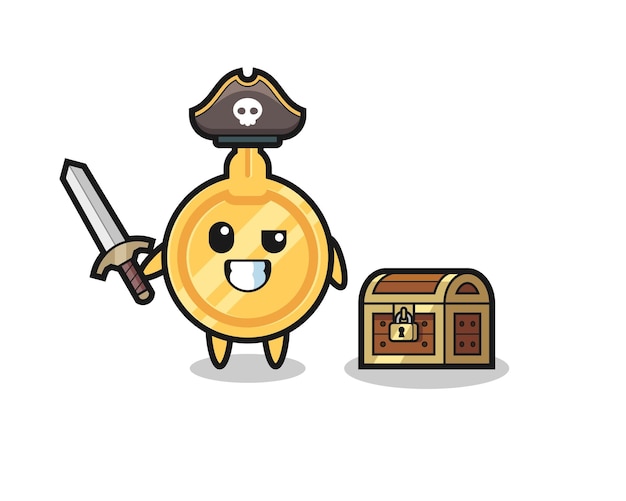 The key pirate character holding sword beside a treasure box cute design