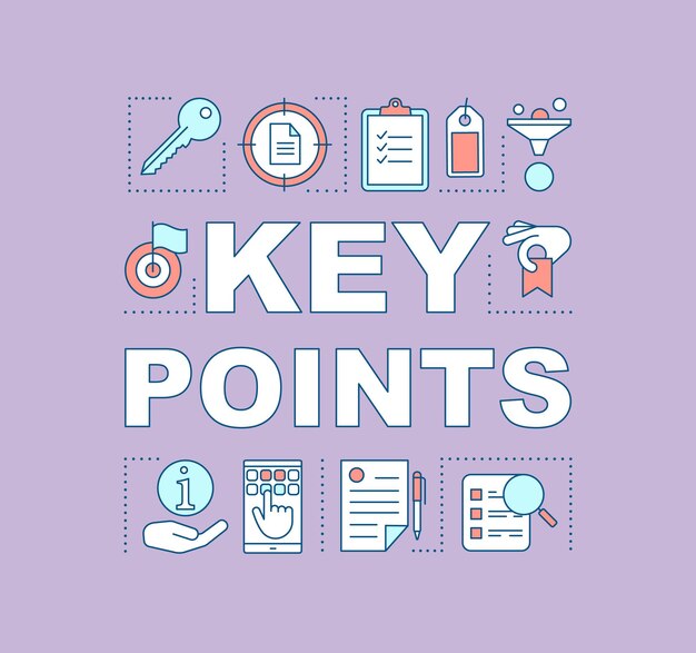 Key points, features concept icon. tasklist. task management. data analyzing. guide, documents. presentation, website. isolated lettering typography idea with linear icons. vector outline illustration