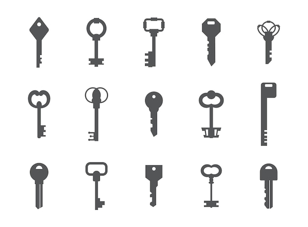 Key silhouettes Antique and modern graphic template for logo design House safety concept Gray latchkey signs set Decorative secret symbols Home security Vector door access icons