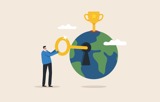 Key to success global business Awards for achievements from the competition Achievement goals with trophies business man with key opening earth shape lock