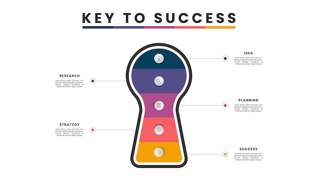 Key to success infographic Diagram chart with five steps options and icons