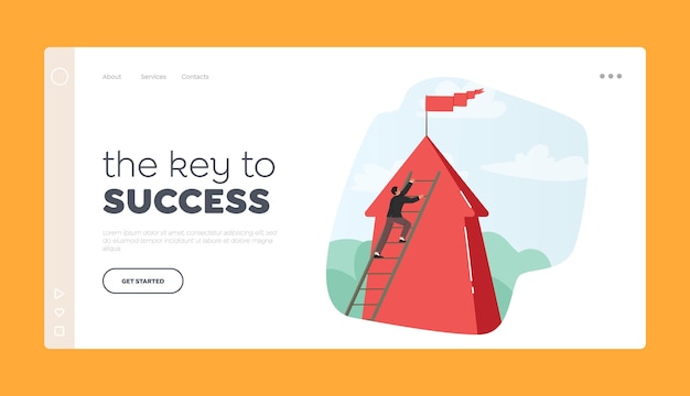 Key to Success Landing Page Template Businessman Character Climb Ladder to Huge Red Arrow Top with Flag Illustration