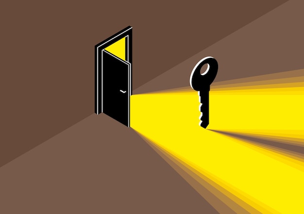 Vector the key to success vector conceptual illustration with half open door giving light to dark place and key, new opportunities, secret mysterious door.