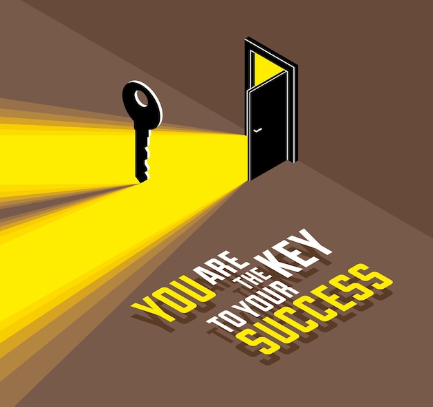 Vector the key to success vector conceptual illustration with half open door giving light to dark place and key, new opportunities, secret mysterious door.