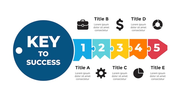 성공의 열쇠 인포그래픽 비즈니스 솔루션 프레젠테이션 슬라이드 템플릿 다이어그램 차트 5단계 옵션