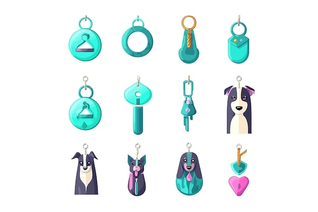 Vector keychains trinkets set vector cartoon flat elements isolated on background