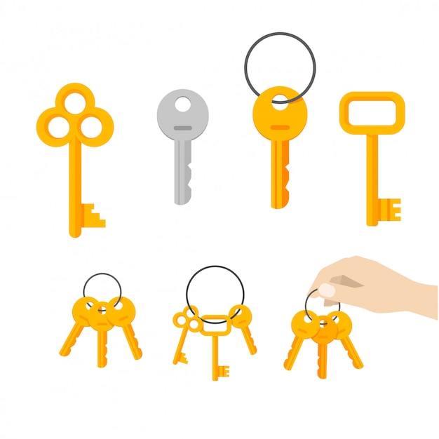 Keys bunch vector or key hanging on ring vector set flat cartoon