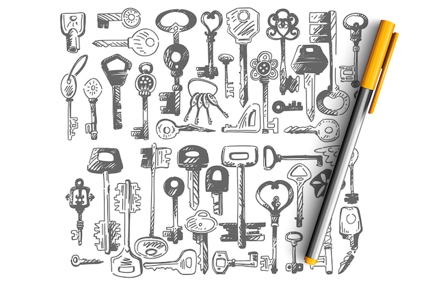 Vector keys doodle set. collection of different shape small key for opening door locks isolated on white