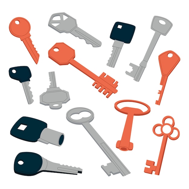 Keys of various shapes and colors vector objects illustration