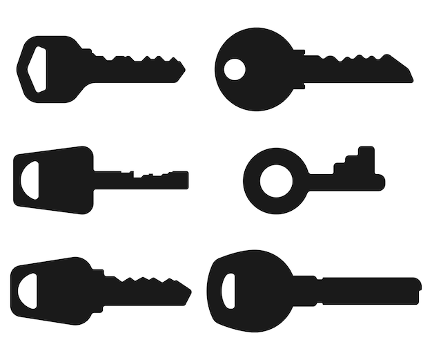 Вектор Ключи векторный набор силуэтов черный, изолированные на белом фоне.