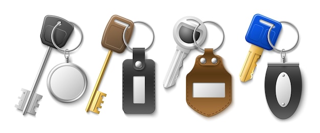 Vector keys with key chains realistic isolated keychains leather and metal modern tags and pendants different shapes charms 3d holders various metal and different forms utter vector set
