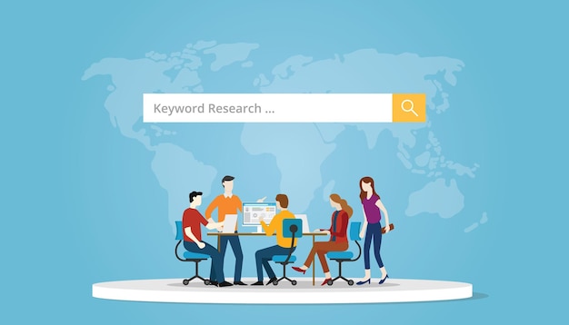 Keyword research concept with team people work together analyze and researching best keywords with modern flat style