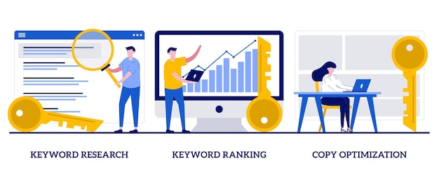 Ricerca di parole chiave, posizionamento delle parole chiave, concetto di ottimizzazione della copia. set di servizi di ottimizzazione dei motori di ricerca