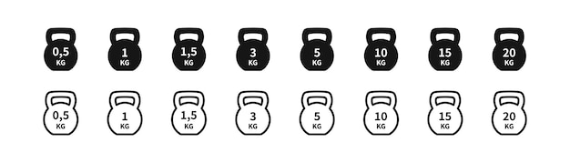 Kg weight icon Heavy dumbbell symbol Sports signs Measure symbols 05 1 15 3 5 10 15 20 kilogram icons Black color Vector isolated sign
