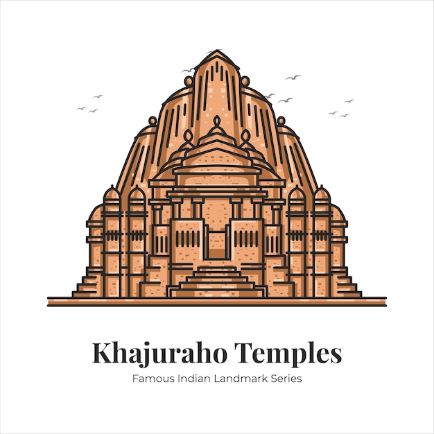 Khajuraho-tempels Indiase beroemde iconische bezienswaardigheid Cartoon lijntekeningen illustratie