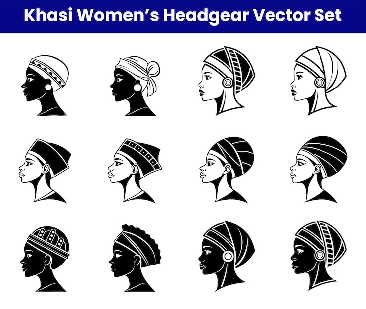 Vector khasi womens headgear set black and white silhouettes of traditional headwear styles
