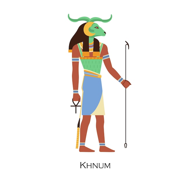 벡터 khnum, 이집트의 숫양 머리 신. 뿔이 있는 고대 이집트 나일강과 물의 신. 신성한 도공, 고대 문명의 신화적 성격. 평면 벡터 일러스트 레이 션 흰색 배경에 고립.