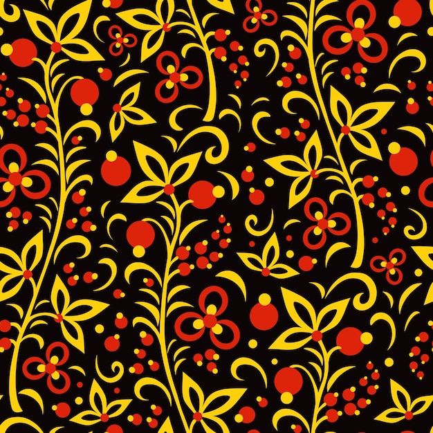 Khokhloma naadloos patroon klassiek khokhloma schilderij bloemen set in zwart, rood en goud kleuren vector illustratin