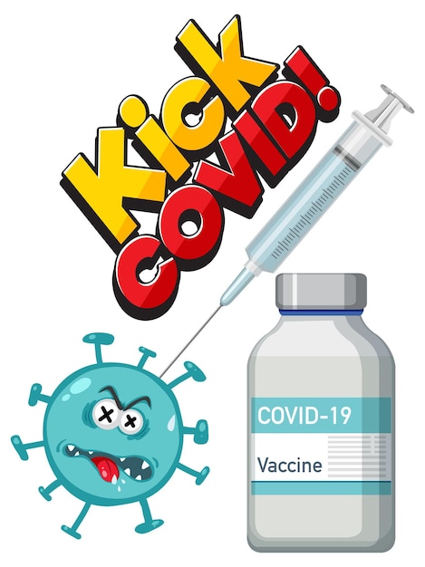 Vector kick covid font with syringe vaccine bottle