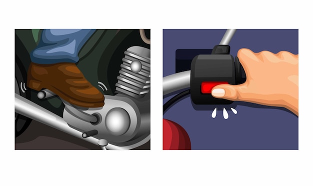 Вектор kickstarter на иллюстрациях с инструкциями по винтажному мотоциклу