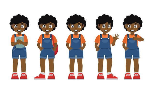 Kid African girl in various expressions and gesture set