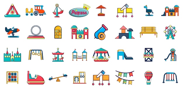 Vector kid amusement pictogramserie. beeldverhaalreeks vectorpictogrammen van het jong geitjegelamelijkheid geplaatst geplaatst