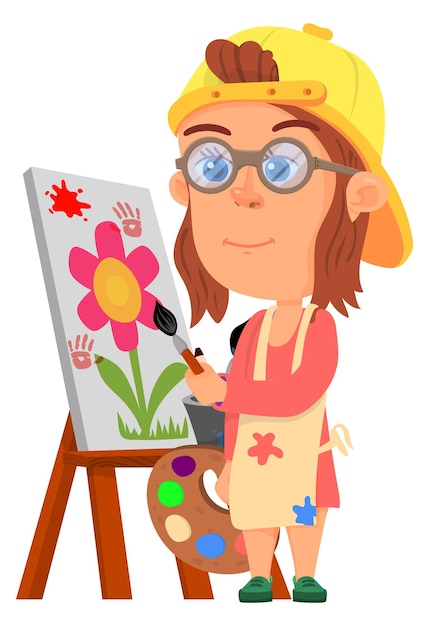 Kid artist character girl painting picture on canvas