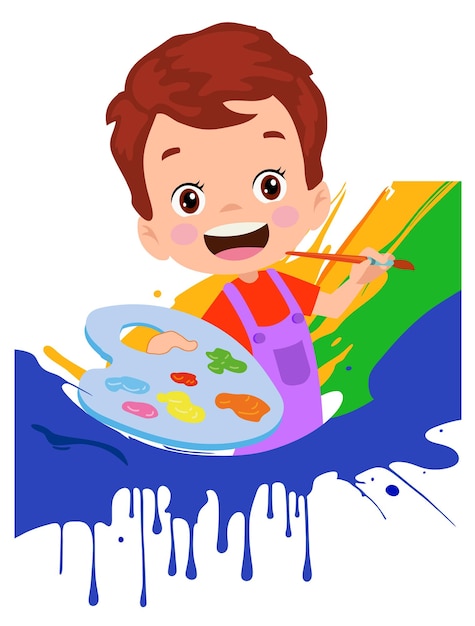 Vector kid artist little boy painting on canvas