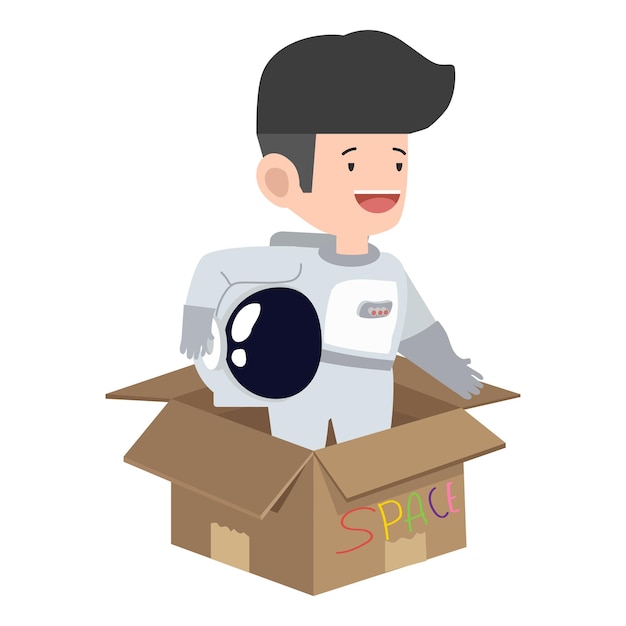 KId Astronaut in cardboard box cartoon