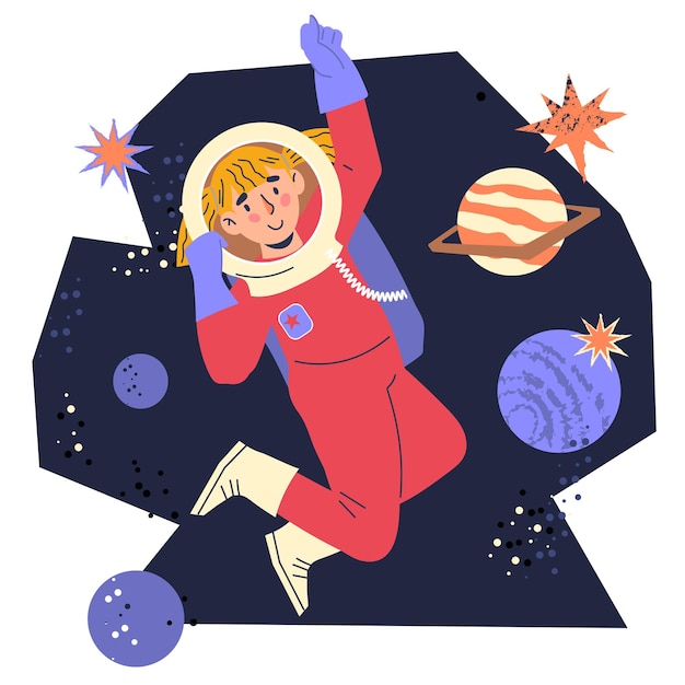 Astronauta bambino felice piccolo bambino esploratore spaziale cosmonauta tra i pianeti nel vettore a gravità zero