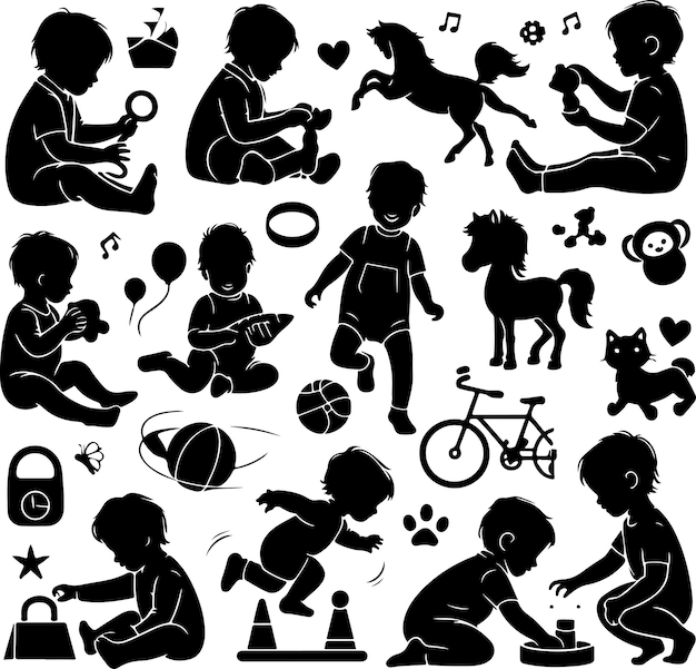 Vector kid and baby activity silhouette