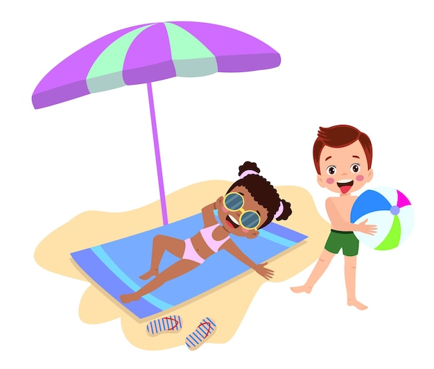 Kid on beach towel under umbrella flat cartoon vector illustration isolated