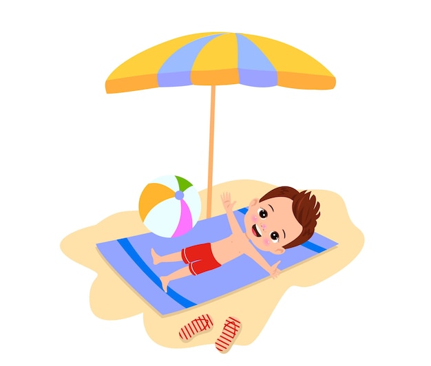Kid on beach towel under umbrella flat cartoon vector illustration isolated