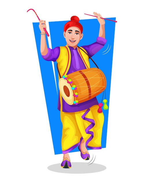 Vector a kid bhangra dancer with dhol in national cloth performing a folk dance step with hand gestures