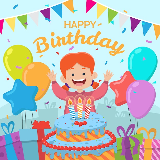 Вектор Малыш день рождения с тортом и воздушными шарами