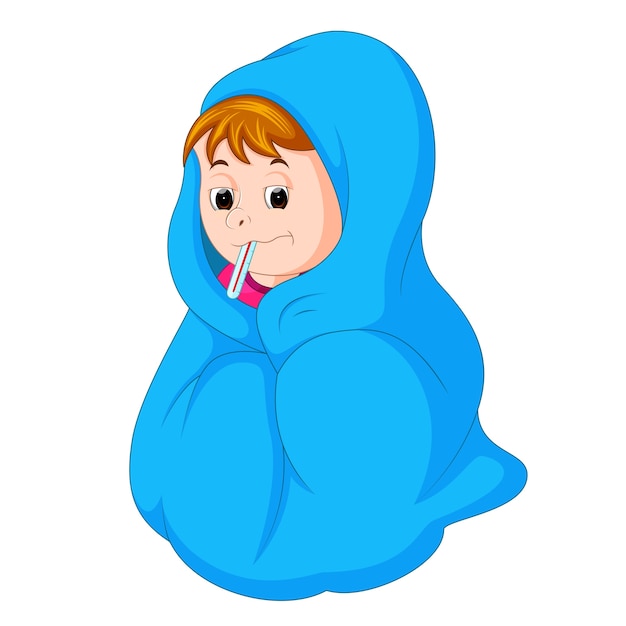 Vector kid under blanket having fever