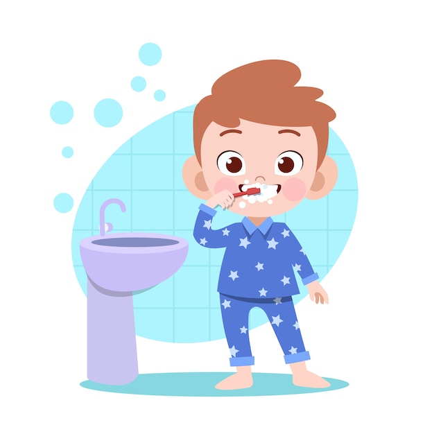 Kid boy brushing teeth vector illustration