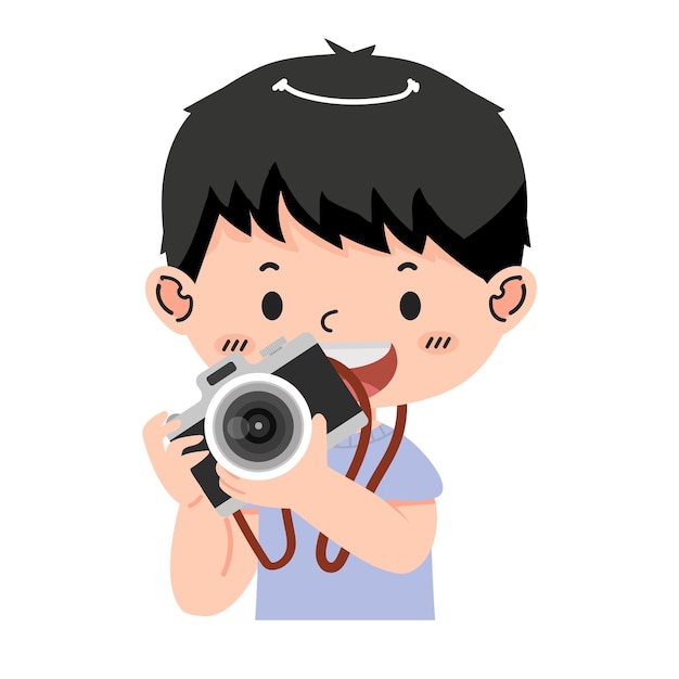 Kid boy holding camera cartoon