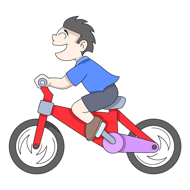 子供の男の子が集合住宅の周りで自転車で遊んでいます。