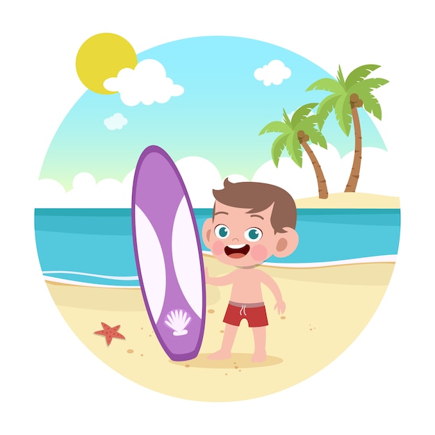 Vector kid boy playing on beach illustration