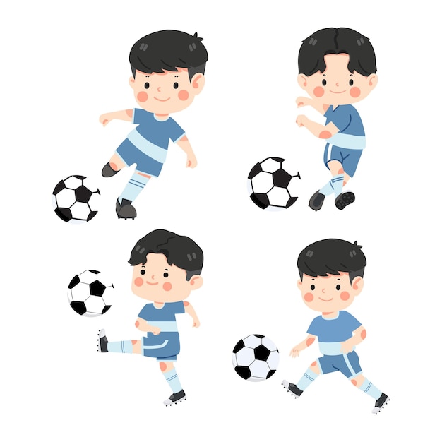Мальчик играет в футбол, пинает футбольный набор.